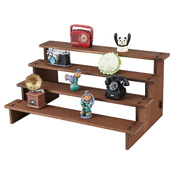 4-Tier Wood Organizer Display Riser Rack, Wooden Tiered Minifigure Display Holder for Doll, Collectibles Showing, Saddle Brown, Finished Product: 18.3x40x24.2cm