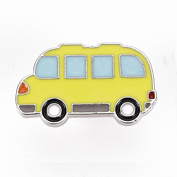 Alloy Enamel Brooches, Enamel Pins, with Brass Butterfly Clutches, Bus, Cadmium Free & Nickel Free & Lead Free, Platinum, Yellow, 5/8x1 inch(16x25.5mm), Pin: 1mm