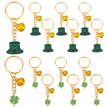 Elite 16Pcs 2 Style St.Patrick's Day Alloy Enamel Charms Keychains, Aluminum Bell Keychains, with Iron Findings, Golden, Hat with Clover & Clover, Mixed Color, 7~7.2cm, 8pcs/style