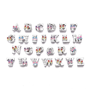 Alloy Enamel Letter Slide Charms, with Clear Cubic Ziconia, Cadmium Free & Lead Free, Initial Letters Style with Bowknot, Random Mixed Letters, 11.5~12.5x7.5~16.5x5.5mm, hole: 1.5x8.5mm