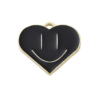 Alloy Enamel Pendants, Golden, Heart with Smiling Face Charms, Black, 25x26.5x1.5mm, Hole: 2mm