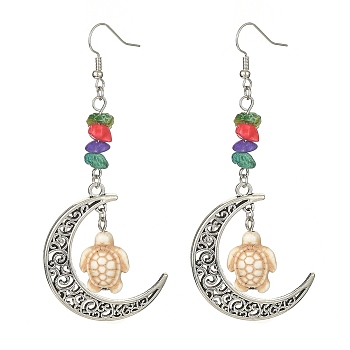 Dyed Synthetic Turquoise Crescent Moon with Tortoise Dangle Earring, Antique Silver Alloy Long Drop Earrings, Beige, 84x35mm