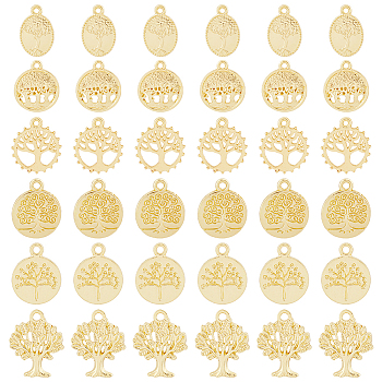 48Pcs 6 Style Alloy Pendants, Flat Round/Oval with Tree of Life, Golden, 18~21x12~16.5x2~2.5mm, Hole: 1.5~2mm, 8pcs/style