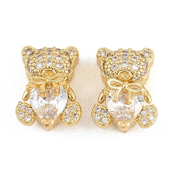 Brass Clear Cubic Zirconia Beads, Cadmium Free & Lead Free, Rack Plating, Long-Lasting Plated, Bear with Bowknot, Real 18K Gold Plated, 14x10.5x9mm, Hole: 1.6mm