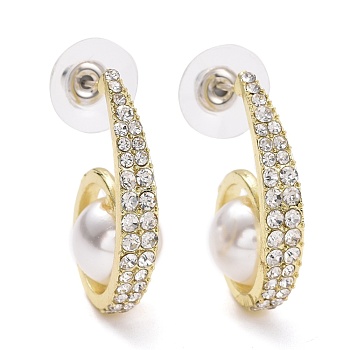 Spiral with Imitation Pearl Beads Stud Earrings, Crystal Rhinestone Earrings with 925 Sterling Silver Pin for Women, Light Gold, 26x20x10mm, Pin: 1mm