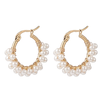 Shell Pearl Beaded Hoop Earrings, Golden Brass Wire Wrap Jewelry for Women, White, 24x26x2mm, Pin: 0.7mm