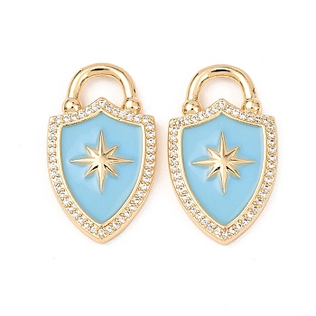 Brass Micro Pave Clear Cubic Zirconia Enamel Pendants, Shield with Star, Golden, Deep Sky Blue, 30.5x18x3mm, Hole: 7x4mm