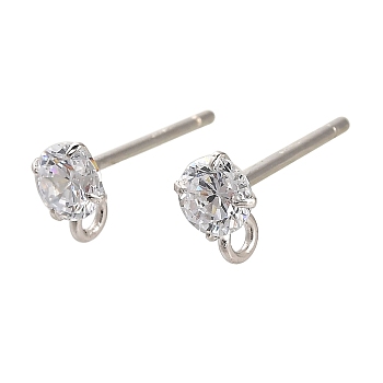 Rhodium Plated 925 Sterling Silver Ear Stud Findings, with Cubic Zirconia, Diamond, 6x4.5mm, Hole: 1.2mm, Pin: 11x0.9mm