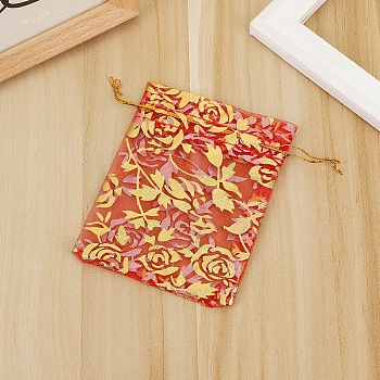 Rectangle Organza Drawstring Gift Bags, Gold Stamping Rose Pouches for Wedding Party Gift Storage, Orange Red, 9x7cm