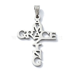 Non-Tarnish 304 Stainless Steel Pendants, Corss with Word Amazing Grace Charms, Stainless Steel Color, 30x21x1.5mm, Hole: 6x3mm(STAS-C097-14P)