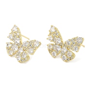 Cubic Zirconia Butterfly Stud Earrings, Brass Earrings for Women, Real 18K Gold Plated, 16x21mm(EJEW-G353-04G)
