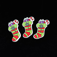 Christmas 2-Hole Spray Painted Maple Wooden Buttons, Single-Sided Printed, Christmas Socks, Light Green, 39x25x2mm, Hole: 1.6mm(WOOD-N005-37)