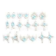 DIY Jewelry Making Finding Kit, Including 18Pcs 9 Style Alloy with Glass Pendants and Connector Charms, Heart & Flower & Star & Cross & Butterfly & Dog Paw Print, Cyan, 17~30.5x11~26x4.5~6mm, Hole: 1~4.6mm, 2Pcs/style(FIND-G062-01MS-01)