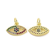 Brass Micro Pave Cubic Zirconia Pendants, Real 18K Gold Plated, with Jump Ring, Eye Charms, Colorful, 10x15x2.5mm, Jump Ring: 5x0.8mm, Inner Diameter: 3.2mm(KK-E068-VF082)