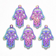 Ion Plating(IP) 201 Stainless Steel Pendants, Etched Metal Embellishments, Hamsa Hand/Hand of Fatima/Hand of Miriam with Eye, Rainbow Color, 30x19x0.3mm, Hole: 2mm(STAS-R114-030)