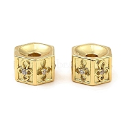 Brass Cubic Zirconia Beads, Long-Lasting Plated, Lead Free & Cadmium Free, Hexagon with Cross, Real 18K Gold Plated, 7x8x5mm, Hole: 2mm(KK-K346-08G)