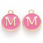 Golden Plated Alloy Enamel Charms, Cadmium Free & Lead Free, Enamelled Sequins, Flat Round with Letter, Camellia, Letter.M, 14x12x2mm, Hole: 1.5mm(X-ENAM-S118-08M)