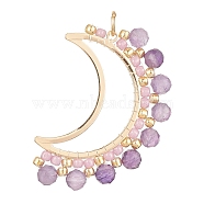 Natural Amethyst Faceted Round Pendants, Brass Open Back Bezel Moon Charms with Glass Seed Beads, Golden, 32x23x3.5mm, Hole: 3.4mm(PALLOY-MZ00169-05)