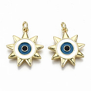 Brass Pendants, with Jump Rings and Colorful Enamel, Nickel Free, Sun with Evil Eye, Real 16K Gold Plated, 20.5x18.5x2mm, Jump Ring: 5x1mm, 3mm inner diameter(X-KK-S313-19-NF)