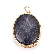 Synthetic Blue Goldstone Pendants, Wire Wrapped Pendants, with Light Gold Plated Eco-Friendly Copper Wire, Faceted, Oval, 21~24x13~14x6~6.5mm, Hole: 1.5~2.5mm(X-PALLOY-JF00467-03)