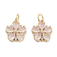 Brass Micro Pave Cubic Zirconia Charms, with Jump Ring, Flower, Real 18K Gold Plated, Pink, 13x12x3mm, Hole: 3mm(KK-C051-01G-02)