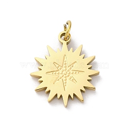 304 Stainless Steel Pendants, with Jump Ring, Sun Charm, Ion Plating(IP), Real 18K Gold Plated, 15x13x1mm, Hole: 2.5mm(STAS-E550-29G)