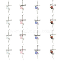 16Pcs 4 Colors Alloy Resin Pendants, Cross with Rose Charm, with Rhinestone, Mixed Color, 47x19.5x6.5mm, Hole: 1.2mm, 4pcs/color(FIND-CJ0005-80)