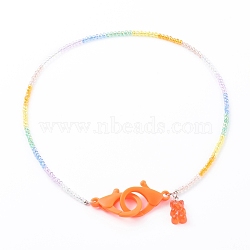 Rainbow Personalized Electroplate Glass Beaded Necklaces, Eyeglass Chains, Handbag Chains, with Resin Bear Pendants and Plastic Lobster Claw Clasps, Orange Red, 19.49 inch(49.5cm)(NJEW-JN03410-01)