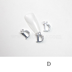 Alloy Rhinestone Cabochons, Nail Art Decoration Accessories, with Jump Ring, Letter, Platinum, Letter.D, 11~14x5~12mm(MRMJ-T056-93P-D)