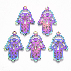 Ion Plating(IP) 201 Stainless Steel Pendants, Etched Metal Embellishments, Hamsa Hand/Hand of Fatima/Hand of Miriam with Eye, Rainbow Color, 30x19x0.3mm, Hole: 2mm(STAS-R114-030)
