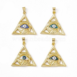 Natural Shell Pendants, Triangle Charms with Evil Eye, Dyed, with Rack Plating Golden Tone Brass Findings, Long-Lasting Plated, Mixed Color, 32x32.5x5.5mm, Hole: 6x4mm(KK-M234-04G)