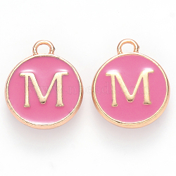 Golden Plated Alloy Enamel Charms, Cadmium Free & Lead Free, Enamelled Sequins, Flat Round with Letter, Camellia, Letter.M, 14x12x2mm, Hole: 1.5mm(X-ENAM-S118-08M)