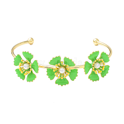 Alloy Flower with Imitation Pearl Beaded Open Cuff Bangle for Women, Green, Inner Diameter: 1-7/8x2-3/8 inch(4.8cm)(BJEW-D054-02G-02)