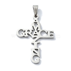 304 Stainless Steel Pendants, Corss with Word Amazing Grace Charms, Stainless Steel Color, 30x21x1.5mm, Hole: 6x3mm(STAS-C097-14P)