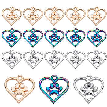 30Pcs 3 Colors Alloy Pendants, Heart with Paw Print Charms, Mixed Color, 17.5x17x1.5mm, Hole: 1.8mm, 10pcs/color