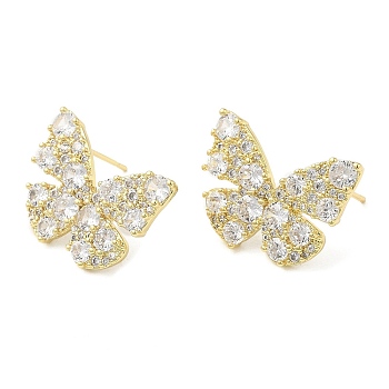 Cubic Zirconia Butterfly Stud Earrings, Brass Earrings for Women, Real 18K Gold Plated, 16x21mm
