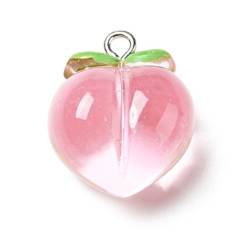 Transparent Resin Pendants, with Platinum Tone Iron Findings, Peach, Pink, 20x17x12.5mm, Hole: 2mm