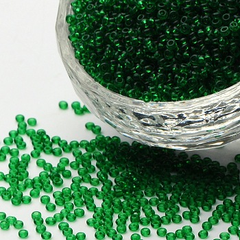 12/0 Grade A Round Glass Seed Beads, Transparent Colours, Green, 12/0, 2x1.5mm, Hole: 0.8mm, about 30000pcs/bag