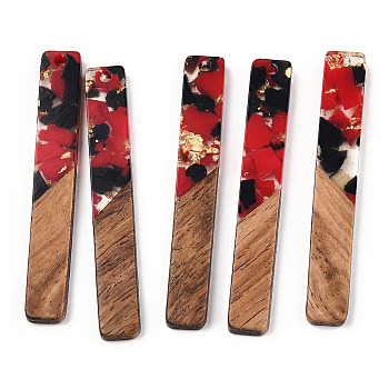 Transparent Resin & Walnut Wood Big Pendants, with Gold Foil, Rectangle Charms, Crimson, 51.5x7.5x3mm, Hole: 1.8mm