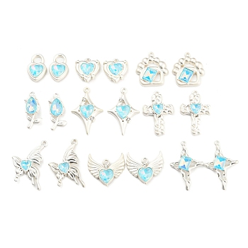 DIY Jewelry Making Finding Kit, Including 18Pcs 9 Style Alloy with Glass Pendants and Connector Charms, Heart & Flower & Star & Cross & Butterfly & Dog Paw Print, Cyan, 17~30.5x11~26x4.5~6mm, Hole: 1~4.6mm, 2Pcs/style