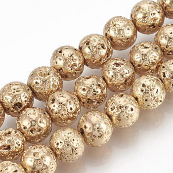 Electroplated Natural Lava Rock Beads Strands, Round, Bumpy, Light Gold Plated, 12~13mm, Hole: 1mm, about 31pcs/strand, 15.7 inch