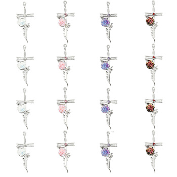 16Pcs 4 Colors Alloy Resin Pendants, Cross with Rose Charm, with Rhinestone, Mixed Color, 47x19.5x6.5mm, Hole: 1.2mm, 4pcs/color