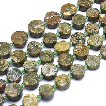 Natural Rhyolite Jasper Beads Strands, Flat Round, 12~19x2~7mm, Hole: 1.5mm, about 20~26pcs/strand, 15.35 inch~15.7 inch(39~40cm)