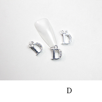 Alloy Rhinestone Cabochons, Nail Art Decoration Accessories, with Jump Ring, Letter, Platinum, Letter.D, 11~14x5~12mm
