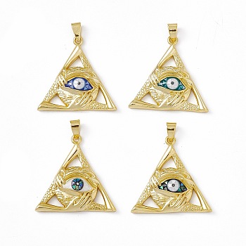 Natural Shell Pendants, Triangle Charms with Evil Eye, Dyed, with Rack Plating Golden Tone Brass Findings, Long-Lasting Plated, Mixed Color, 32x32.5x5.5mm, Hole: 6x4mm