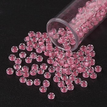 11/0 Grade A Transparent Glass Seed Beads, Inside Color, Flamingo, 2.3x1.5mm, Hole: 1mm, about 5300pcs/50g