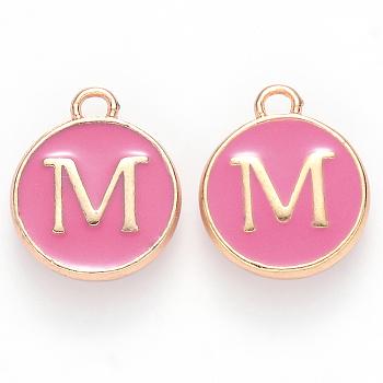 Golden Plated Alloy Enamel Charms, Cadmium Free & Lead Free, Enamelled Sequins, Flat Round with Letter, Camellia, Letter.M, 14x12x2mm, Hole: 1.5mm