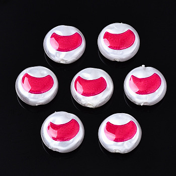 3D Printed ABS Plastic Imitation Pearl Beads, Flat Round with Moon, Deep Pink, 12x5mm, Hole: 1.5mm