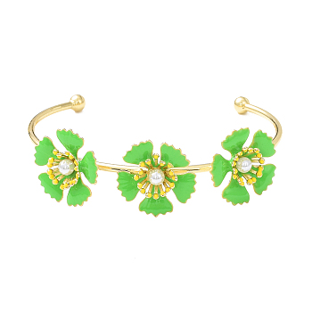 Alloy Flower with Imitation Pearl Beaded Open Cuff Bangle for Women, Green, Inner Diameter: 1-7/8x2-3/8 inch(4.8cm)