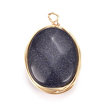 Synthetic Blue Goldstone Pendants, Wire Wrapped Pendants, with Light Gold Plated Eco-Friendly Copper Wire, Faceted, Oval, 21~24x13~14x6~6.5mm, Hole: 1.5~2.5mm